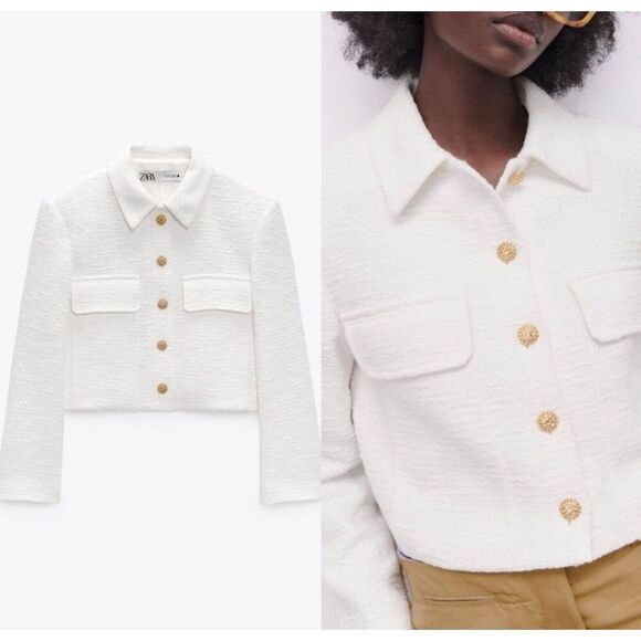 Zara White Tweed Crop Blazer XS $119 - Picture 1 of 12